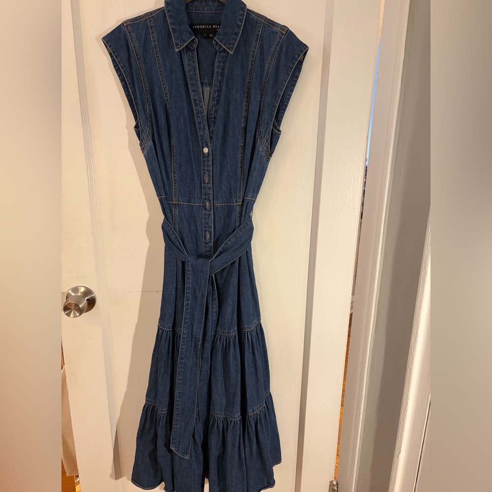 Veronica Beard Dark Blue Sleeveless Denim Maxi Dress with Waist Tie size 2